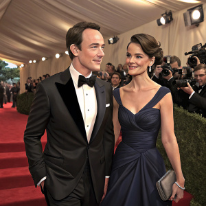 Chris Klein and Katie Holmes attending a gala event. Both dressed in formal attire. Red carpet with flashing cameras.