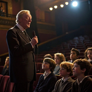 Sir Michael Caine, distinguished actor, in a formal evening suit, addressing a room full of young aspiring actors. Dimly lit auditorium with rows of seats