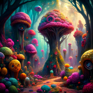 A spooky part in a forest full of colorful flowers and giant candy trees