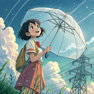 Digital illustration of Hina from 'Weathering with You', an anime film. Young girl, cheerful expression, standing under wire-frame umbrella. Electrical structure in background. Sky partially cloudy with soft, fluffy clouds. Vibrant colors throughout.