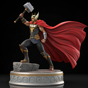 Statue of Beta Ray Bill in a dynamic pose. Muscular frame, vibrant red cape, ornate base, minimalist black backdrop