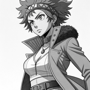A detailed black and white illustration of Mira from Dimension W. Her intense gaze and stylish outfit are depicted with intricate lines and shading. The artwork captures the essence of manga with its bold lines and strong forms.