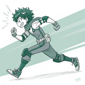 Sketch of Izuku Midoriya (Deku) in action pose. Simple line art style, green and grayscale palette.