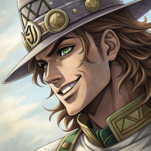 Digital art of Gyro Zeppeli from JoJo's Bizarre Adventure. Brown wavy hair, metal-like hat, big smile. Close-up view with intricate details.