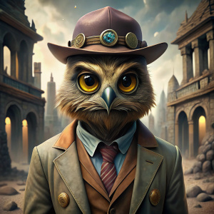 An owl with a fedora hat dressed in the style of the 1800s and ruined buildings in the background
