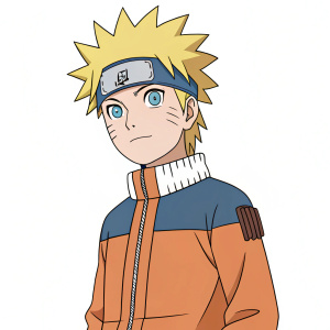 Illustration of Naruto from anime series. Coloring page, simple lines, character's face and clothes clearly defined.