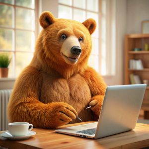 A realistic orange grizzly bear, using laptop and drinking tea, 3d render, advertisment shot style, high resolution
