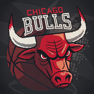 Stylized pixel art rendition of Chicago Bulls logo. Dark background, aggressive bull mascot, red eyes