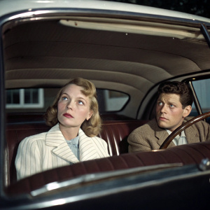 Mia Farrow and Paddy Chayefsky seated in a classic 1950s Chevrolet. Mia Farrow appears distressed while Paddy Chayefsky has a focused expression. The interior of the car is vintage with wood paneling and leather seats. Shot from the front of the car.