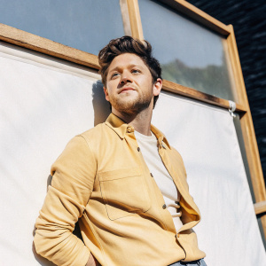 Niall Horan, a singer with brown hair and a beard, posing against a green screen backdrop.