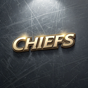Stylized Chiefs logo with metallic sheen. Dark grey background with light scratches and a sleek, modern font.