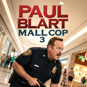 Promotional poster for 'Paul Blart: Mall Cop 3'. Paul Blart, middle-aged Caucasian male, wearing a police uniform. Scenes include close-up of his face and action shots in a mall setting.