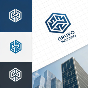 Digital artwork highlighting Grupo Herrero brand. Incorporates sleek, modern geometric logo in blue and grey hues. Design features clean, grid-based layout with varying logo sizes. Professional and subtle color scheme.