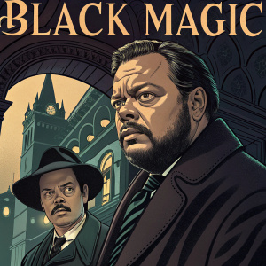 Movie poster for 'Black Magic'. Features Orson Welles and co-star in a lavish, old-world setting. Dark color scheme, vintage style reminiscent of classic cinema. Detailed architecture and actors' expressions highlighted.