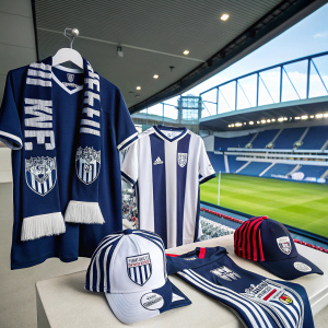 West Bromwich Albion club merchandise display. Brightly lit, modern stadium backdrop.