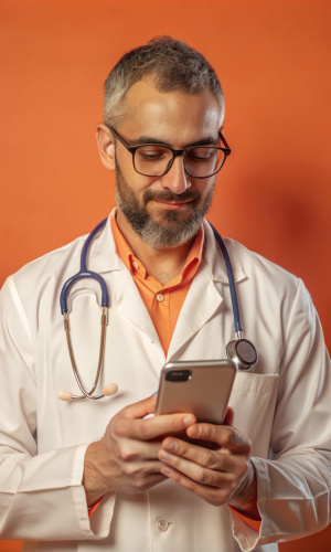 A doctor holding a phone and preparing something, on a white background.