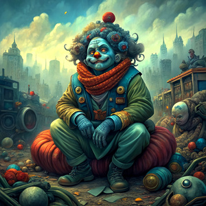 a haggard clown on a pile of junk, in an urban setting