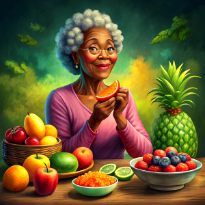 african american grandma eating different types of fruits