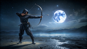 Hyperrealistic, ninja standing on the ground, dark night, shooting from a bow at the moon