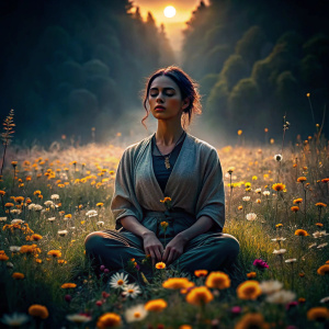 Una persona sentada en una postura de meditación en un prado verde, rodeada de flores silvestres. El ambiente es calmado y la persona parece estar en paz, con los ojos cerrados y una expresión relajada en su rostro