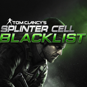 Digital artwork for Tom Clancy's Splinter Cell: Blacklist. Dark background, stylized logo, green and black color scheme, graphic text, eye-catching, conveys the game's theme.