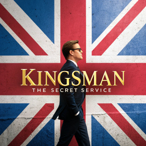 Movie poster for Kingsman: The Secret Service. Dynamic design featuring the Union Jack with vibrant red and blue hues. Title and creative origins highlighted.