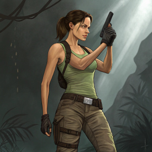 Digital art of Angelina Jolie as Lara Croft. She wears a green tank top and cargo pants. She holds a gun in one hand. Dark, moody atmosphere