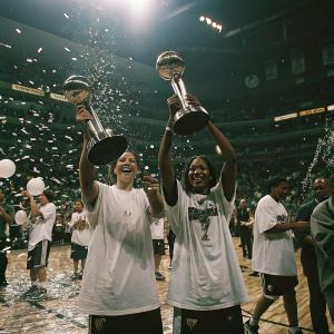 Tamika Catchings and Sue Bird celebrating a WNBA championship. On-court, amidst confetti and cheering crowd.
