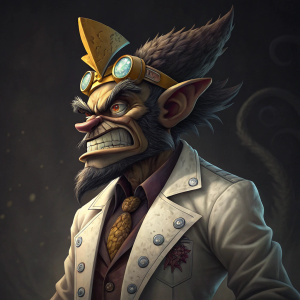 Digital rendering of Dr. Neo Cortex, iconic villain from Crash Bandicoot. Robust build, menacing look, detailed design. Dark background. Sophisticated illustration.