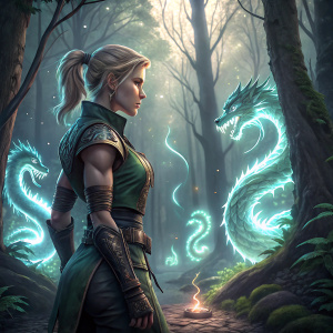 Digital illustration of Sonya Blade from Mortal Kombat. Standing in a mystical forest with glowing dragon spirits