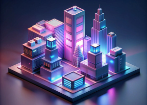 Isometric 3D city buildings, corporate real estate, colorful neon pink blue with a Cyberpunk Feel