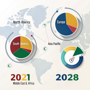 Visualization of global oil absorbent pads market share by region from 2021 to 2028, featuring North America, Europe, Asia Pacific, South America, and Middle East & Africa.