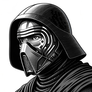 Vector-based illustration of Kylo Ren's face from Star Wars. Black and white lines, detailed features, close-up view