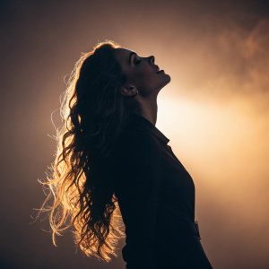 Sophia, model, dramatic pose, long wavy hair, head tilted back, standing against a warm gradient background, soft spotlight highlighting her silhouette, film noir vibe.