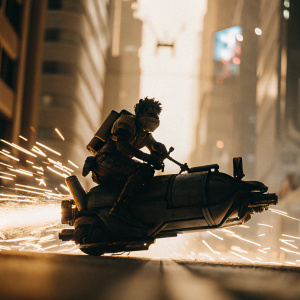 Concept art of Junkrat, a character from Overwatch, riding a sleek, high-tech hoverbike through the neon-lit streets of Neo Tokyo.