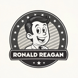 Digital illustration of Ronald Reagan as a cartoon character. Vintage style, black and white logo design.