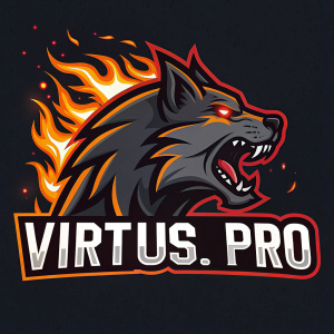 The fierce logo of the Virtus.Pro eSports team. A roaring dog head with glowing eyes and flames surrounding it. Below it reads 'VIRTUS.PRO' in bold letters. Dark background, creating an intense and powerful image.