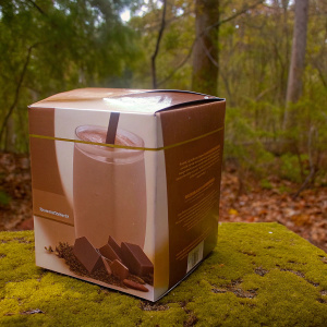 Close-up of Nutrisystem Turbo Shake box. Brown and beige color scheme. Chocolate shake mix with rich chocolatey texture. Standard-sized packaging for health and nutrition products.