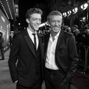Vincent Cassel and Martin Bourboulon at the Los Tres Mosqueteros D'Artagnan premiere. Black and white formal attire. Crowded and vibrant red carpet event.