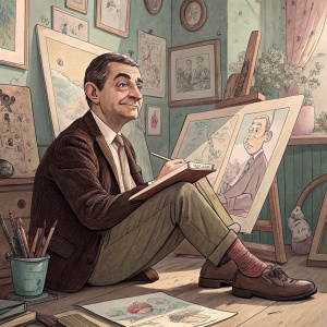 A detailed pastel drawing featuring Rowan Atkinson as Mr. Bean. Sitting in an artist's studio. Paintings and sketchbooks are scattered around the drawing area.