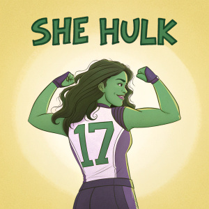 Illustration of She-Hulk. Green skin, powerful stance, flexing muscles, number 17, warm yellow background. SHE HULK text