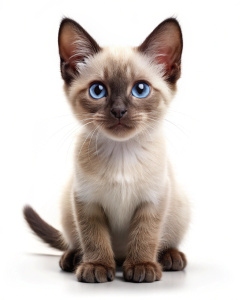 Siamese cat baby, full-length on a white background, photorealistic,smile