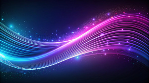 The lines are curved and spread outwards, creating a sense of motion or flow. The purple set is on the left side and the blue set is on the right side of the image. Each line has several small dots placed at intervals along its length. The background is dark, enhancing the vibrancy of the colored lines and dots. Each line within both groups has multiple small dots spaced out along its length. There’s a clear contrast between the two sets of lines due to their different colors. The overall visual