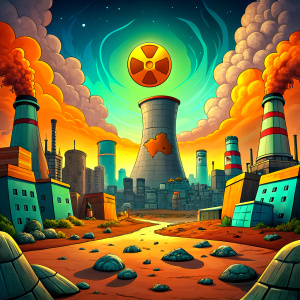 Cartoon style image of a nuclear environmental disaster