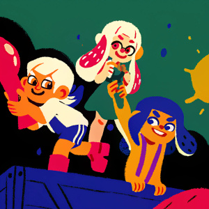 Splatoon 3 characters with vibrant hair colors, including white, gray, blue, and more, in a dynamic promotional illustration.