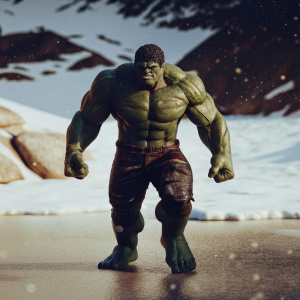 A high-tech 3D render of a hulking, muscular figure reminiscent of the iconic Hulk. The scene is set against an icy, arctic backdrop with cold blue hues and dramatic shadows emphasizing every detail of his formidable physique.