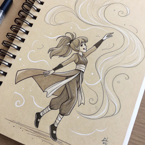 Sketch of a female character floating mid-air. Dynamic pose. Wispy smoke around. Anime-inspired design. Sketchy style, ink-like medium on beige paper, in sketchbook format.