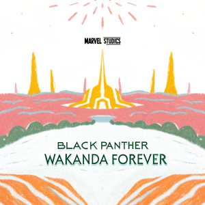 Digital illustration for Black Panther: Wakanda Forever movie poster. Futuristic landscape with warm fiery tones. Marvel Studios logo prominently displayed.
