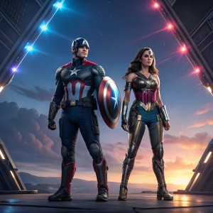Digital art showcasing Chris Evans as Captain America and Gal Gadot as Wonder Woman. The duo stands confidently on a futuristic stage against a gradient sky backdrop.