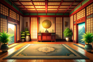 A chinese chest room background,japan style,tatami floor
